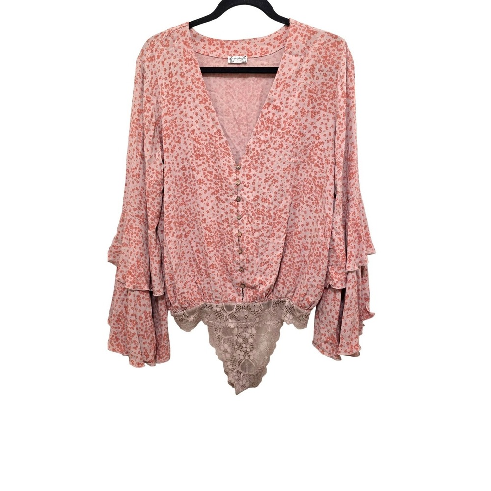 Intimately Free People Floral Print Button-Down Bodysuit Lace Detail & Ruffled S